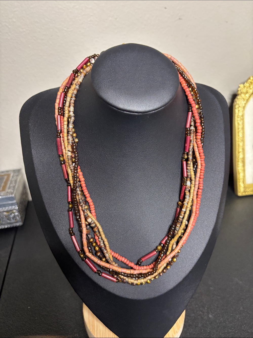 Multi-Strand Coral Brown Mixed Beaded Lightweight Wood Necklace - Women Jewelry